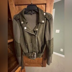 Women's Suede-Like/Sweater Crop Jacket - Olive Green w/ Silver Hardware …